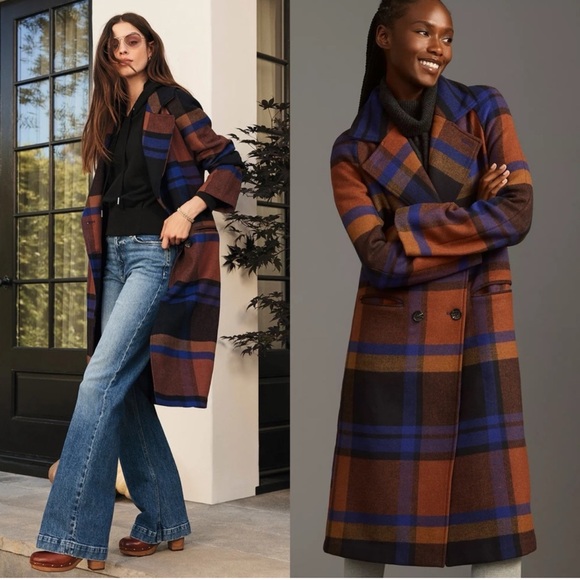 Anthropologie Jackets & Blazers - Anthropologie Brown, Blue & Black Plaid Wool-Blend Double-Breasted Pea Coat